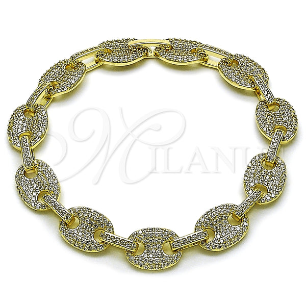 Oro Laminado Fancy Bracelet, Gold Filled Style Puff Mariner Design, with White Micro Pave, Polished, Golden Finish, 03.60.0158.07 (Thickness, 7 Inches Length)