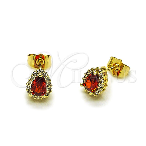 Oro Laminado Stud Earring, Gold Filled Style Teardrop and Cluster Design, with Garnet and White Cubic Zirconia, Polished, Golden Finish, 02.156.0740.1