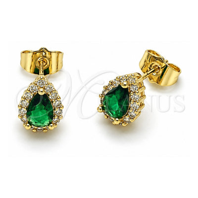 Oro Laminado Stud Earring, Gold Filled Style Teardrop and Cluster Design, with Green and White Cubic Zirconia, Polished, Golden Finish, 02.156.0740.2