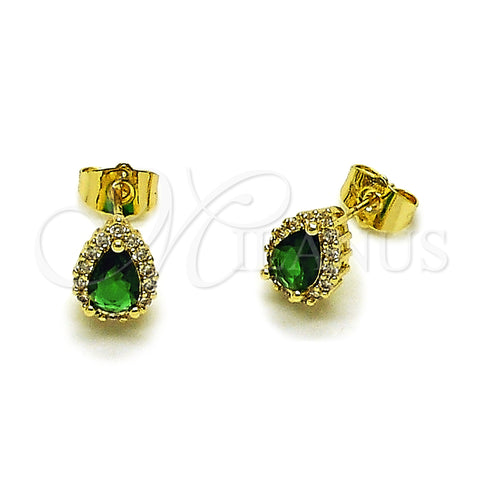 Oro Laminado Stud Earring, Gold Filled Style Teardrop and Cluster Design, with Green and White Cubic Zirconia, Polished, Golden Finish, 02.156.0740.2