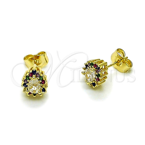 Oro Laminado Stud Earring, Gold Filled Style Teardrop and Cluster Design, with Multicolor and White Cubic Zirconia, Polished, Golden Finish, 02.156.0741