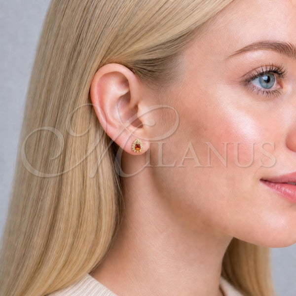 Oro Laminado Stud Earring, Gold Filled Style Teardrop and Cluster Design, with Garnet and White Cubic Zirconia, Polished, Golden Finish, 02.156.0741.1