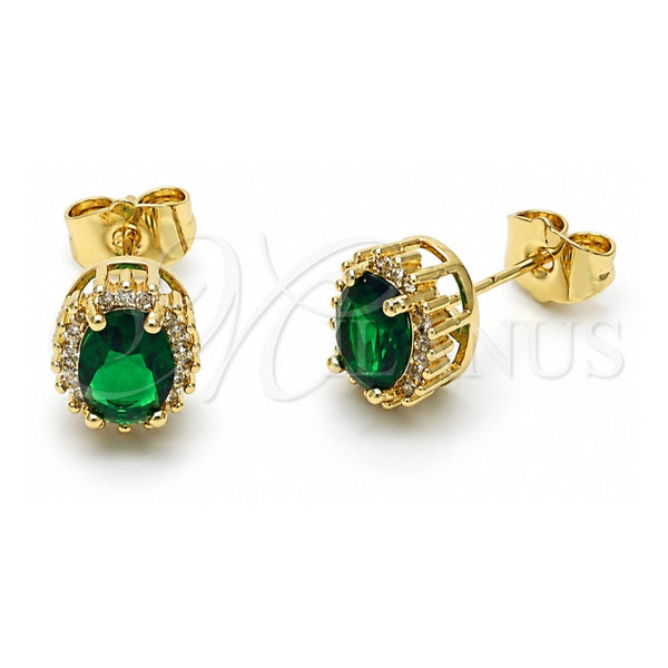 Oro Laminado Stud Earring, Gold Filled Style Cluster Design, with Green and White Cubic Zirconia, Polished, Golden Finish, 02.156.0742.2