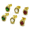 Oro Laminado Stud Earring, Gold Filled Style Cluster Design, with Green and White Cubic Zirconia, Polished, Golden Finish, 02.156.0742.2