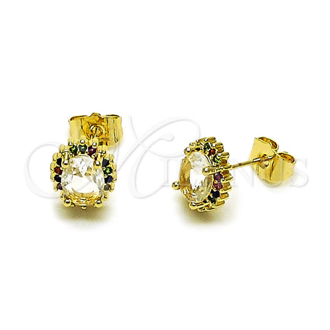 Oro Laminado Stud Earring, Gold Filled Style Cluster Design, with White and Multicolor Cubic Zirconia, Polished, Golden Finish, 02.156.0743