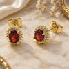 Oro Laminado Stud Earring, Gold Filled Style Cluster Design, with Garnet and White Cubic Zirconia, Polished, Golden Finish, 02.156.0743.1