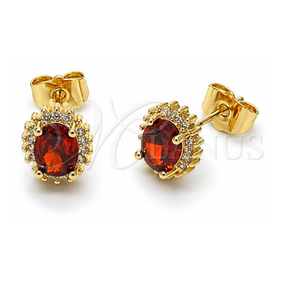 Oro Laminado Stud Earring, Gold Filled Style Cluster Design, with Garnet and White Cubic Zirconia, Polished, Golden Finish, 02.156.0743.1