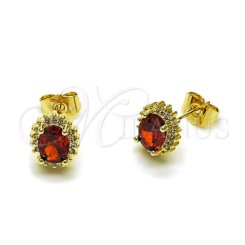 Oro Laminado Stud Earring, Gold Filled Style Cluster Design, with Garnet and White Cubic Zirconia, Polished, Golden Finish, 02.156.0743.1