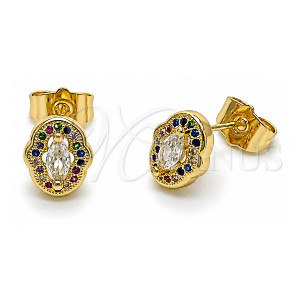 Oro Laminado Stud Earring, Gold Filled Style Cluster Design, with White Cubic Zirconia and Multicolor Micro Pave, Polished, Golden Finish, 02.156.0709.1