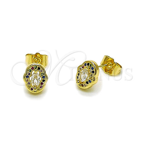 Oro Laminado Stud Earring, Gold Filled Style Cluster Design, with White Cubic Zirconia and Multicolor Micro Pave, Polished, Golden Finish, 02.156.0709.1