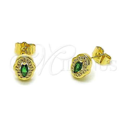 Oro Laminado Stud Earring, Gold Filled Style Cluster Design, with Green Cubic Zirconia and White Micro Pave, Polished, Golden Finish, 02.156.0709.3