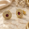 Oro Laminado Stud Earring, Gold Filled Style Cluster Design, with Garnet Cubic Zirconia and White Micro Pave, Polished, Golden Finish, 02.156.0744.1