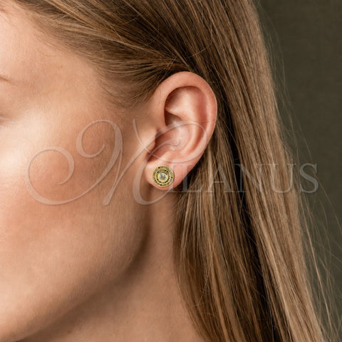 Oro Laminado Stud Earring, Gold Filled Style Cluster Design, with Green Cubic Zirconia and White Micro Pave, Polished, Golden Finish, 02.156.0744.2