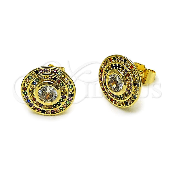 Oro Laminado Stud Earring, Gold Filled Style Cluster Design, with Green Cubic Zirconia and White Micro Pave, Polished, Golden Finish, 02.156.0744.2