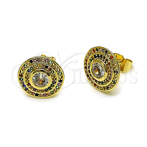 Oro Laminado Stud Earring, Gold Filled Style Cluster Design, with Green Cubic Zirconia and White Micro Pave, Polished, Golden Finish, 02.156.0744.2