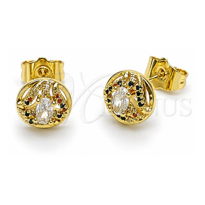 Oro Laminado Stud Earring, Gold Filled Style Cluster Design, with White Cubic Zirconia and Multicolor Micro Pave, Polished, Golden Finish, 02.156.0745