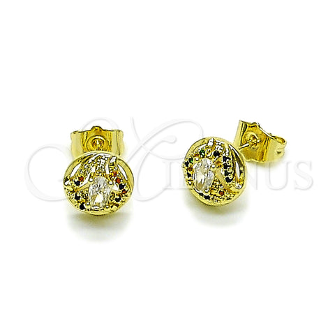 Oro Laminado Stud Earring, Gold Filled Style Cluster Design, with White Cubic Zirconia and Multicolor Micro Pave, Polished, Golden Finish, 02.156.0745