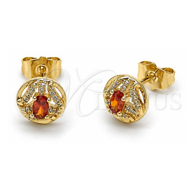 Oro Laminado Stud Earring, Gold Filled Style Cluster Design, with Garnet Cubic Zirconia and White Micro Pave, Polished, Golden Finish, 02.156.0745.1