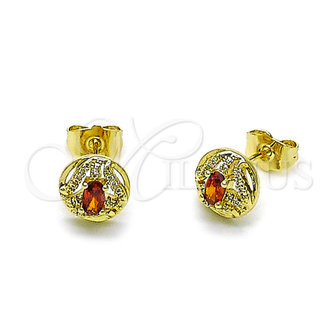 Oro Laminado Stud Earring, Gold Filled Style Cluster Design, with Garnet Cubic Zirconia and White Micro Pave, Polished, Golden Finish, 02.156.0745.1