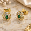 Oro Laminado Stud Earring, Gold Filled Style Cluster Design, with Green Cubic Zirconia and White Micro Pave, Polished, Golden Finish, 02.156.0745.2