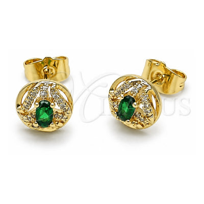 Oro Laminado Stud Earring, Gold Filled Style Cluster Design, with Green Cubic Zirconia and White Micro Pave, Polished, Golden Finish, 02.156.0745.2