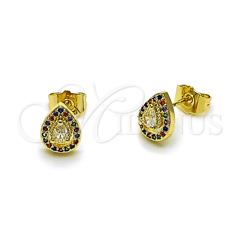 Oro Laminado Stud Earring, Gold Filled Style Teardrop and Cluster Design, with White Cubic Zirconia and Multicolor Micro Pave, Polished, Golden Finish, 02.156.0746