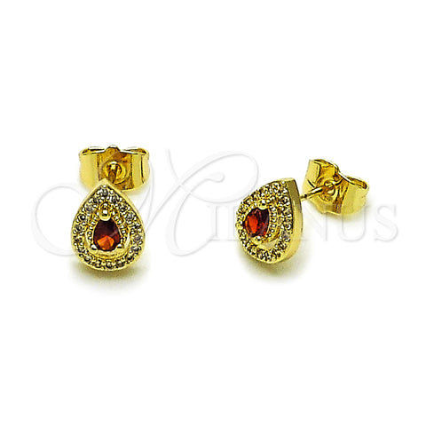 Oro Laminado Stud Earring, Gold Filled Style Teardrop and Cluster Design, with Garnet Cubic Zirconia and White Micro Pave, Polished, Golden Finish, 02.156.0746.1