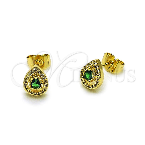 Oro Laminado Stud Earring, Gold Filled Style Teardrop and Cluster Design, with Green Cubic Zirconia and White Micro Pave, Polished, Golden Finish, 02.156.0746.2
