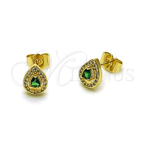 Oro Laminado Stud Earring, Gold Filled Style Teardrop and Cluster Design, with Green Cubic Zirconia and White Micro Pave, Polished, Golden Finish, 02.156.0746.2