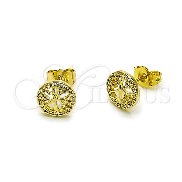 Oro Laminado Stud Earring, Gold Filled Style Tree Design, with White Cubic Zirconia, Polished, Golden Finish, 02.156.0747
