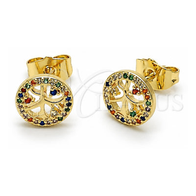 Oro Laminado Stud Earring, Gold Filled Style Tree Design, with Multicolor Cubic Zirconia, Polished, Golden Finish, 02.156.0747.1