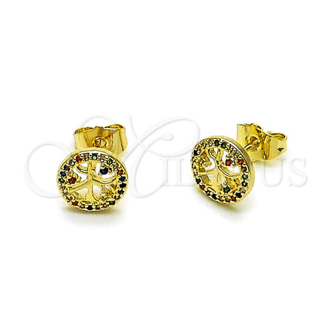 Oro Laminado Stud Earring, Gold Filled Style Tree Design, with Multicolor Cubic Zirconia, Polished, Golden Finish, 02.156.0747.1