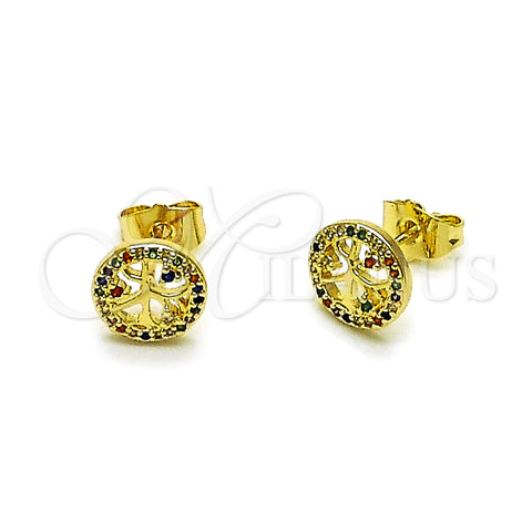 Oro Laminado Stud Earring, Gold Filled Style Tree Design, with Multicolor Cubic Zirconia, Polished, Golden Finish, 02.156.0747.1