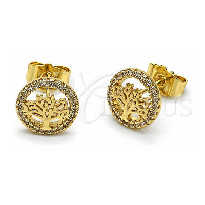 Oro Laminado Stud Earring, Gold Filled Style Tree Design, with White Micro Pave, Polished, Golden Finish, 02.156.0748