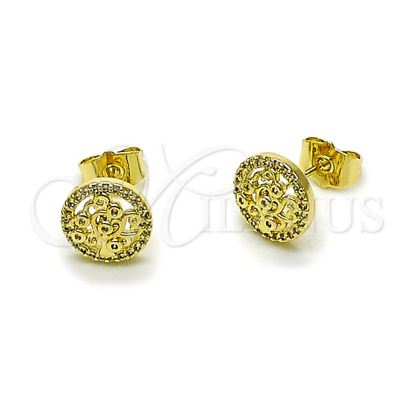 Oro Laminado Stud Earring, Gold Filled Style Tree Design, with White Cubic Zirconia and White Micro Pave, Polished, Golden Finish, 02.156.0749