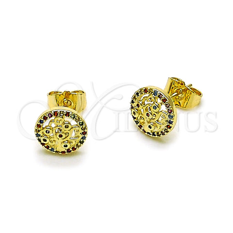Oro Laminado Stud Earring, Gold Filled Style Tree Design, with Multicolor Micro Pave and Multicolor Cubic Zirconia, Polished, Golden Finish, 02.156.0749.1