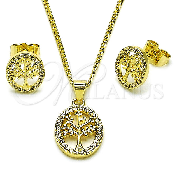 Oro Laminado Earring and Pendant Adult Set, Gold Filled Style Tree Design, with White Micro Pave, Polished, Golden Finish, 10.156.0564