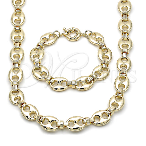 Oro Laminado Necklace and Bracelet, Gold Filled Style Puff Mariner Design, Polished, Golden Finish, 06.418.0002.18
