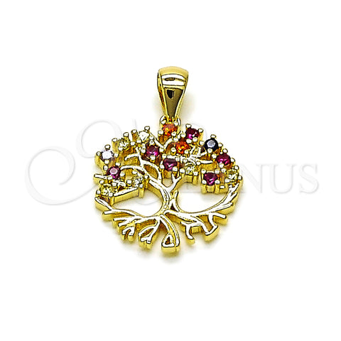 Oro Laminado Fancy Pendant, Gold Filled Style Tree Design, with Multicolor Cubic Zirconia, Polished, Golden Finish, 05.156.0211