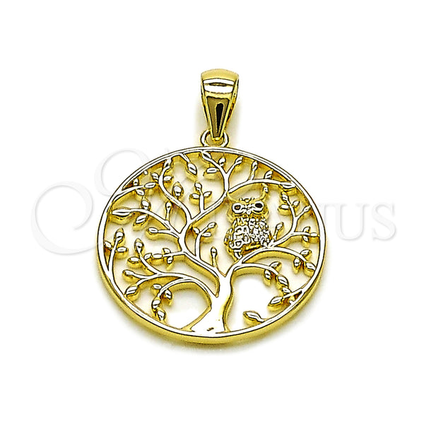 Oro Laminado Fancy Pendant, Gold Filled Style Tree and Owl Design, with White Micro Pave, Polished, Golden Finish, 05.156.0216