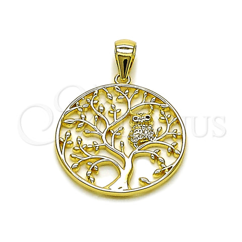 Oro Laminado Fancy Pendant, Gold Filled Style Tree and Owl Design, with White Micro Pave, Polished, Golden Finish, 05.156.0216