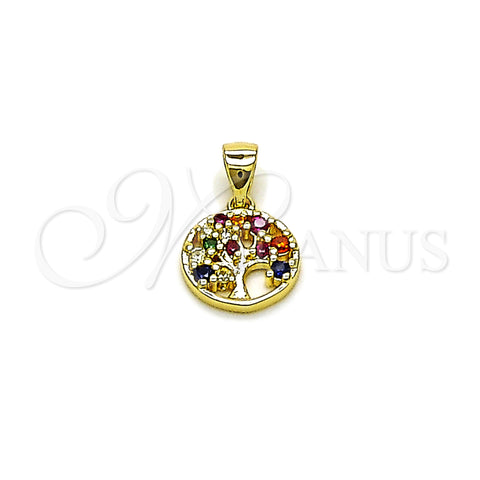 Oro Laminado Fancy Pendant, Gold Filled Style Tree Design, with Multicolor Cubic Zirconia, Polished, Golden Finish, 05.156.0218