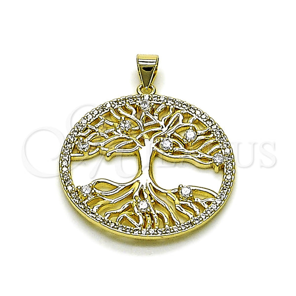 Oro Laminado Fancy Pendant, Gold Filled Style Tree Design, with White Cubic Zirconia and White Micro Pave, Polished, Golden Finish, 05.156.0219
