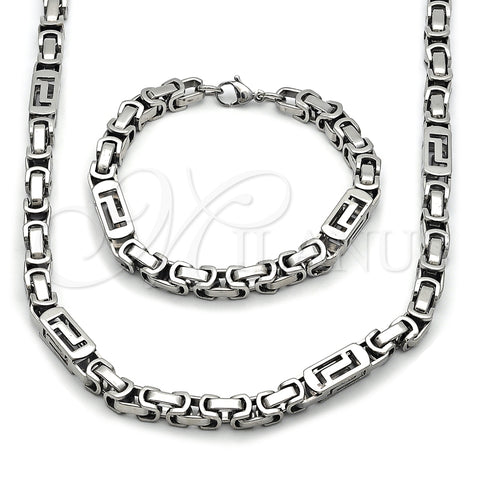 Stainless Steel Necklace and Bracelet, Greek Key Design, Polished, Steel Finish, 06.116.0068.22