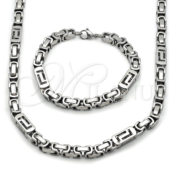 Stainless Steel Necklace and Bracelet, Greek Key Design, Polished, Steel Finish, 06.116.0068.22