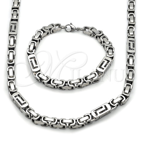 Stainless Steel Necklace and Bracelet, Greek Key Design, Polished, Steel Finish, 06.116.0068.22