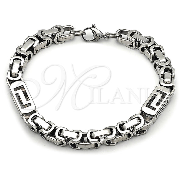 Stainless Steel Fancy Bracelet, Greek Key Design, Polished, Steel Finish, 03.116.0047.09 (Thickness, 9 Inches Length)
