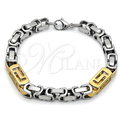 Stainless Steel Fancy Bracelet, Greek Key Design, Polished, Two Tone, 03.116.0047.1.09 (Thickness, 9 Inches Length)
