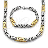 Stainless Steel Necklace and Bracelet, Greek Key Design, Polished, Two Tone, 06.116.0068.1.22