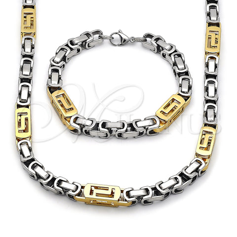 Stainless Steel Necklace and Bracelet, Greek Key Design, Polished, Two Tone, 06.116.0068.1.22